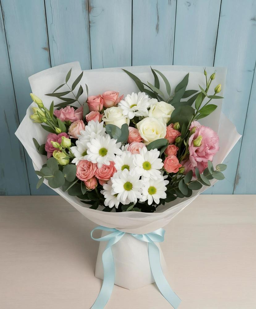 Букет цветов из: Розы, Лизиантусы и Хризантемы в Елках