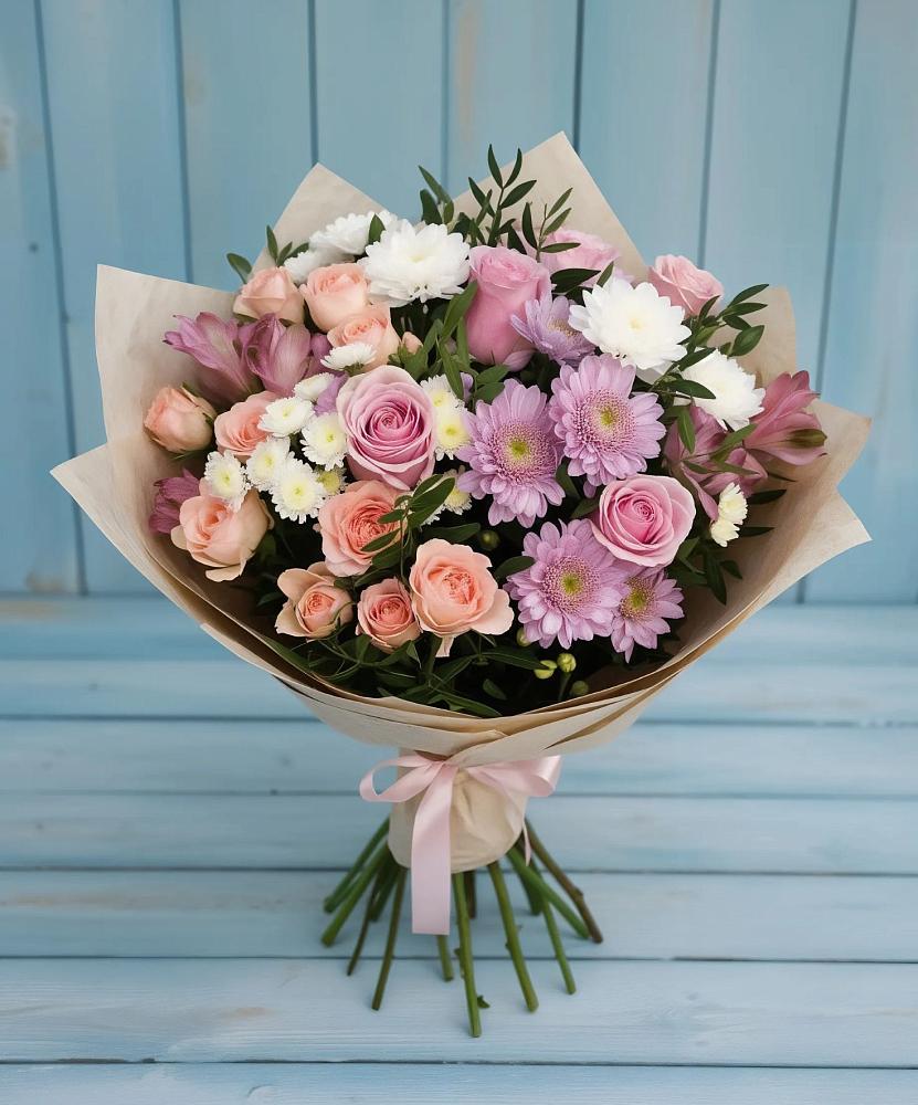 Букет цветов из: Хризантемы, Розы и Альстромерии в Елках