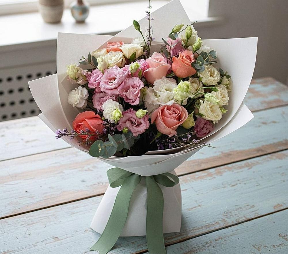 Букет цветов из: Розы, Лизиантусы и Гвоздики в Елках