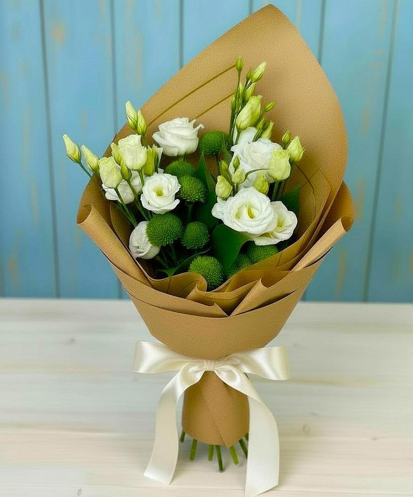 Букет цветов из: Хризантемы и Лизиантусы в Елках