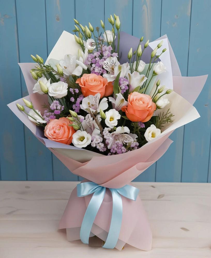 Букет цветов из: Лизиантусы, Розы, Альстромерии и Гипсофила в Елках