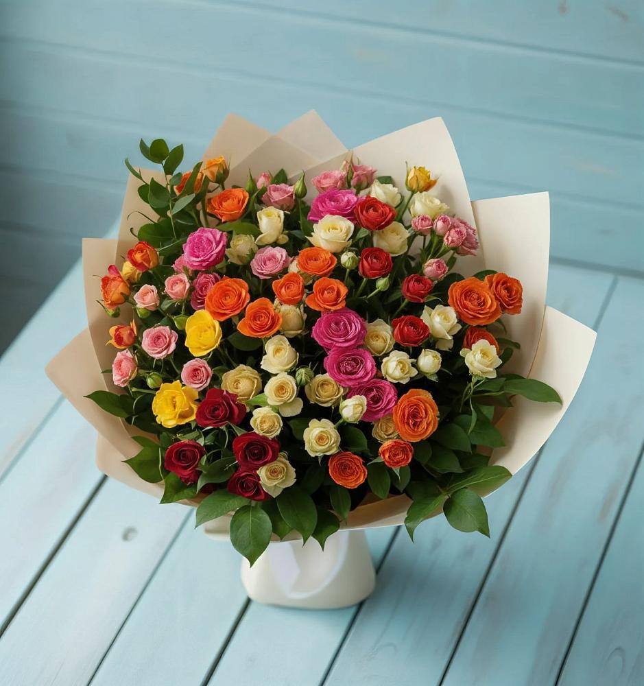 Букет Микс из разноцветных кустовых роз в Елках
