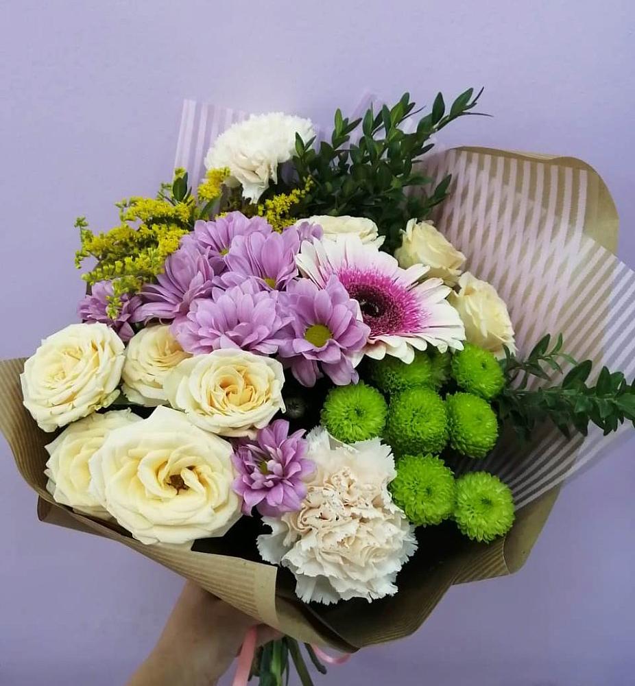 Букет цветов из: Хризантемы, Розы, Гвоздики и Герберы в Елках