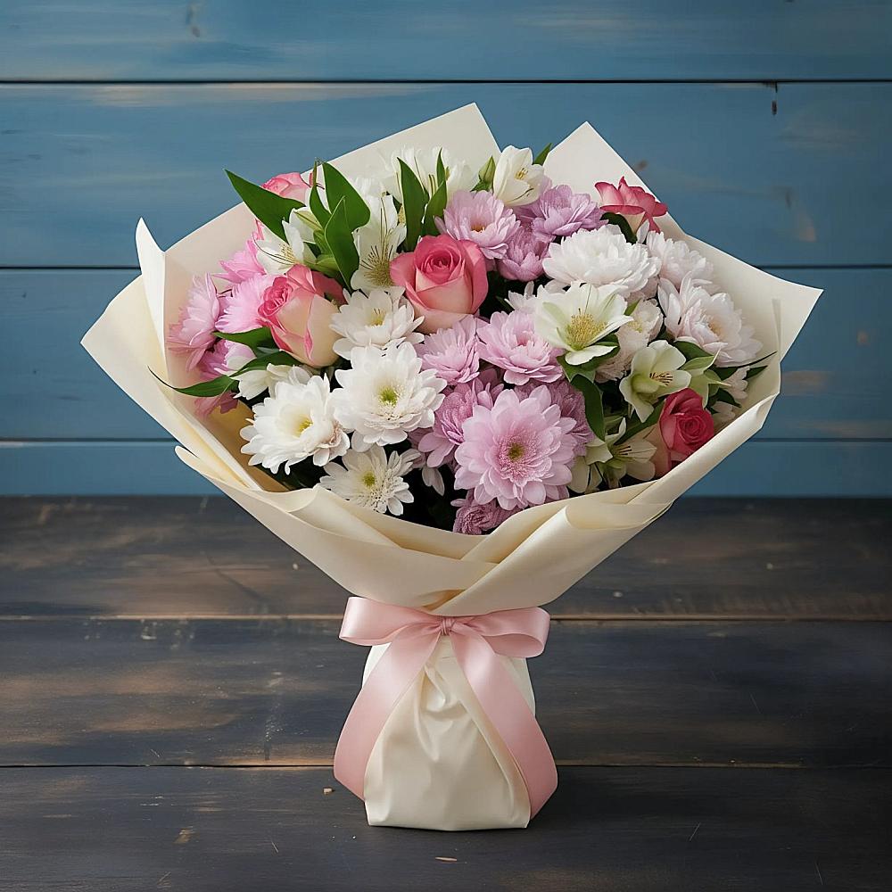 Букет цветов из: Хризантемы, Альстромерии и Розы в Елках